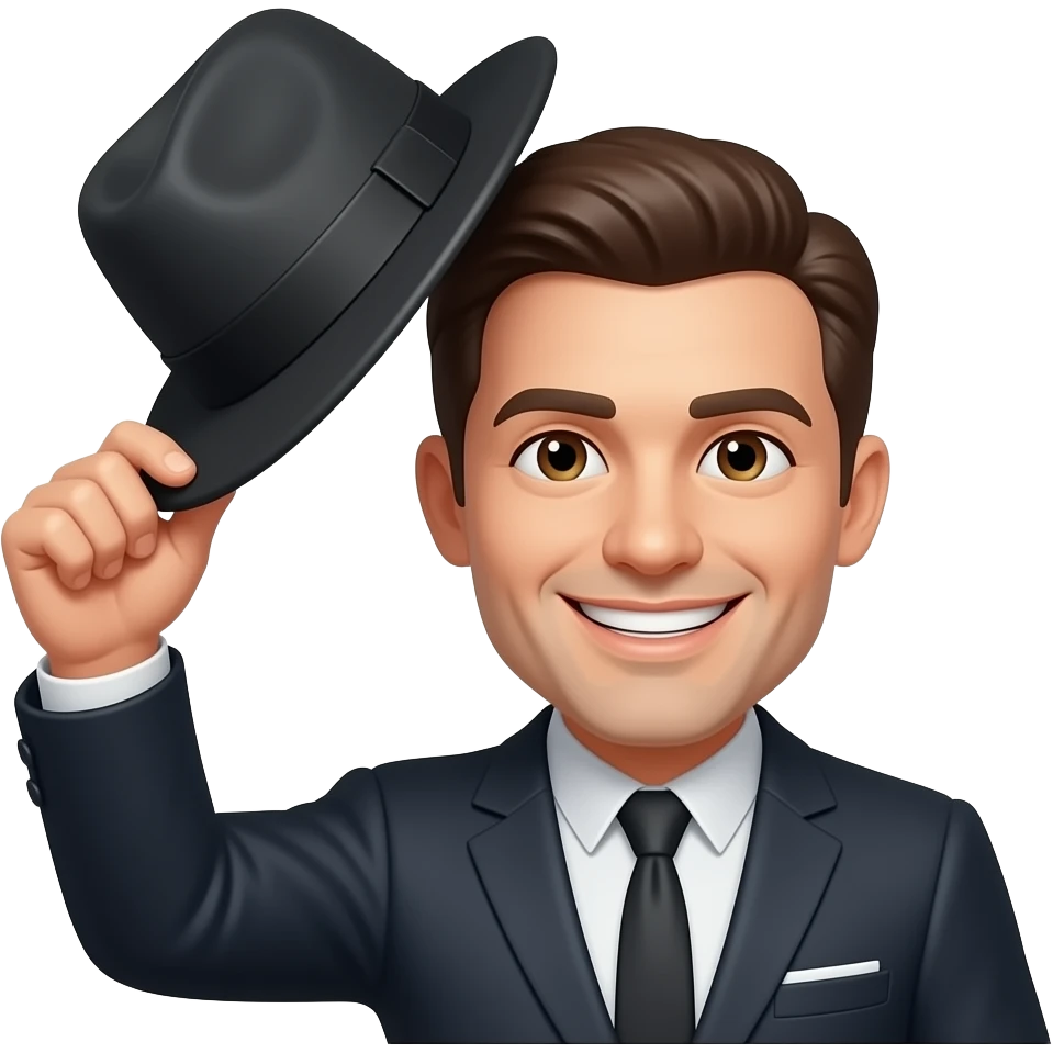 yellow round smirking 😏 emoji with a smirk face tipping a fedora with one hand. The fedora is tilted emoji