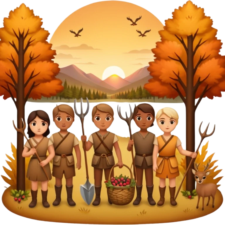 A simple, flat-style illustration of a small group of people with spears and baskets, gathering berries and hunting a deer, surrounded by trees and a sunset—emoji aesthetic, warm earth tones. emoji