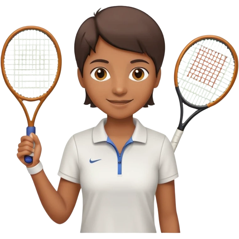 Chindian tennis coach, caramel brown skin, short straight hair, oval face, small eyes, smiling, holding a tennis racket emoji