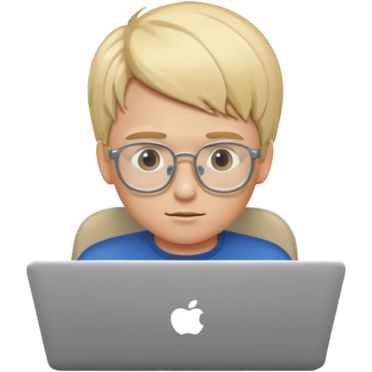 Blonde boy using laptop wearing clear glasses emoji