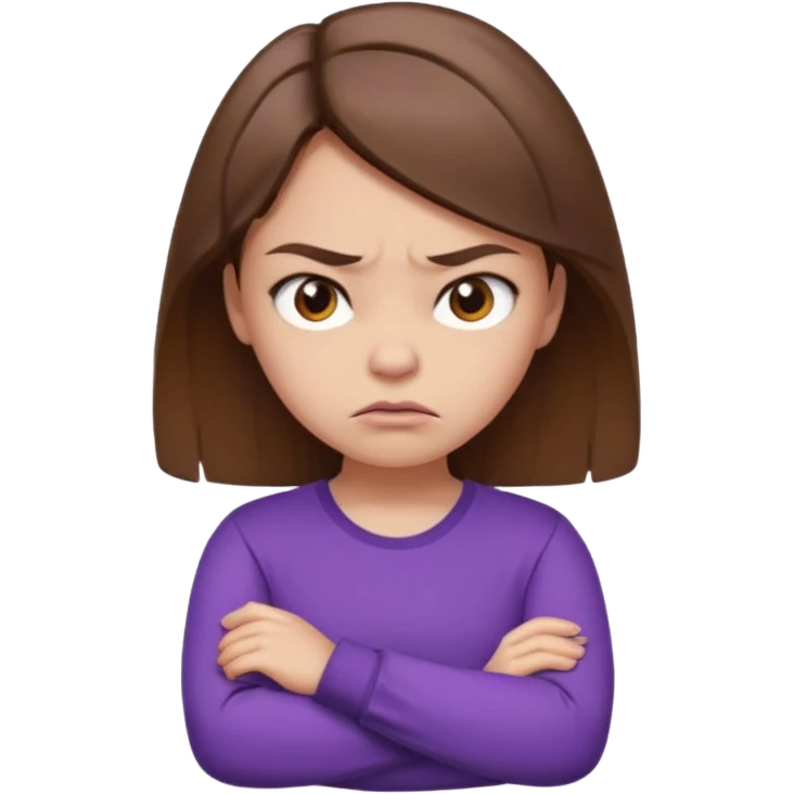Angry Pouty girl with squinted eyes folding arms in a purple longsleeve shirt she has fair skin and brown hair emoji