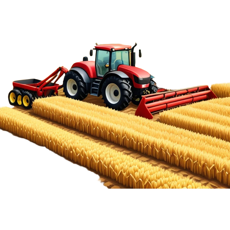 An icon representing a farming simulator, with a detailed tractor plowing fields under a bright sky with rural landscape. The design includes farming tools, crops and barns, symbolizing the immersive experience of managing a farm. Transparent background. emoji