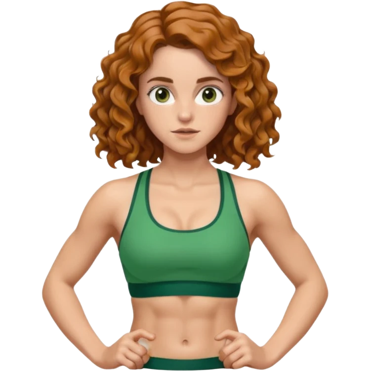 big biceps, muscled torso, very beautiful italian happy girl, looking like Emma Watson, with wavy curly bright hazelnut hair, dressed in green bra sports outfit, pulling up emoji