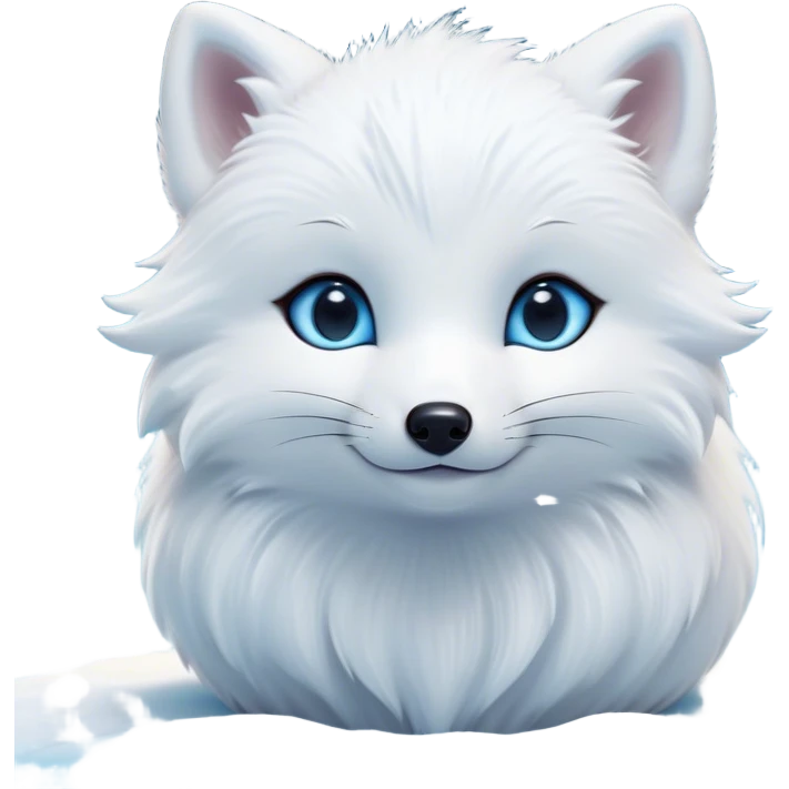 Cinematic Cute Arctic Fox Portrait Emoji, Head tilted playfully and inquisitively, featuring a silky, pure white Fur with delicate hints of icy blue on the ears and muzzle, round, sparkling eyes filled with curious charm, Simplified yet irresistibly adorable features, highly detailed, glowing with a warm, friendly glow, high shine, affectionate and spirited, stylized with a touch of frosty whimsy, bright and endearing, soft glowing outline, capturing the essence of a mischievous yet loving arctic fox, so playful it feels like it could frolic out of the screen and into your arms! emoji