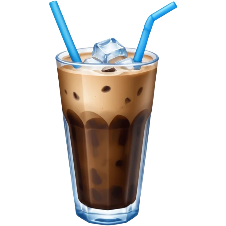 cold coffee emoji, clear glass with dark coffee, ice, and a blue straw emoji