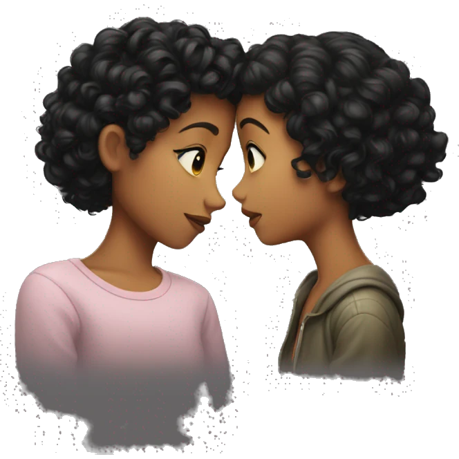 Girl with short curly black hair kissing girl with long curly black hair emoji