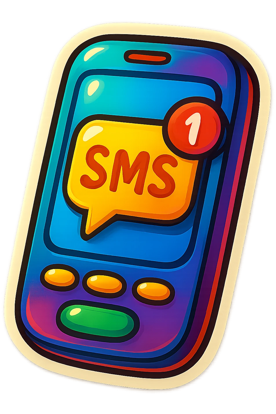 A smartphone with an SMS notification, vintage design and bright colors emoji