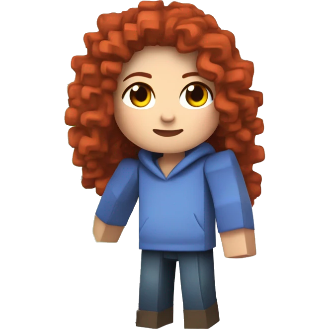 a white girl with long red curly hair, wearing periwinkle Minecraft hoodie playing a videogame emoji