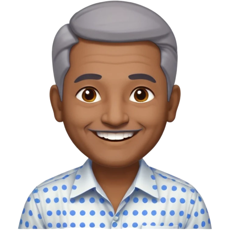 50 yr old indian man, dark skin, grey hair, big smile, white teeth, chubby, no moustache, clean shaven, young style hair, hair brushed back, 5 oclock shadow, bindy dot on forehead, dress shirt emoji