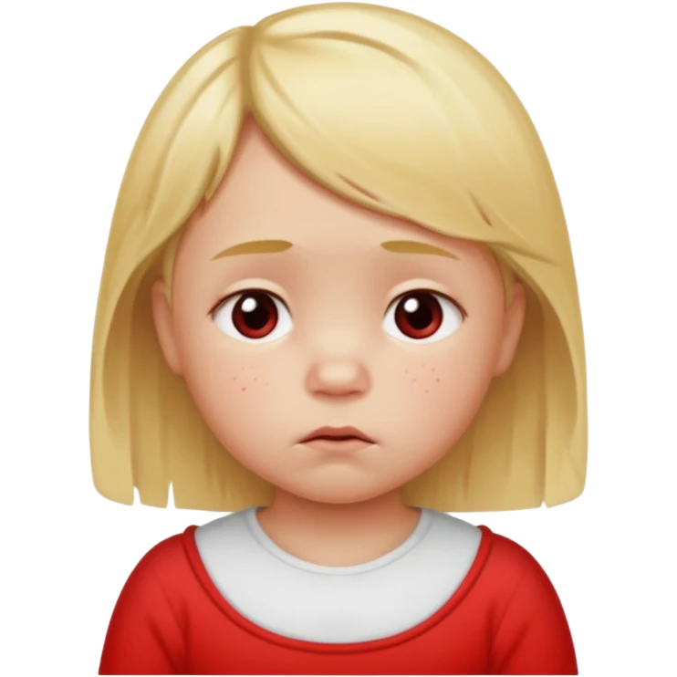 bebe com bolinhas vermelhas pequenas pelo corpo de tamanhos variados e loiro com cara de triste emoji