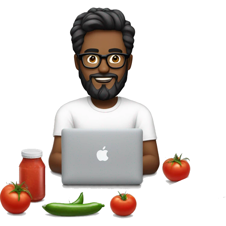 Designer with black hair, white skin, beard and glasses working with MacBook and tomato ketchup emoji