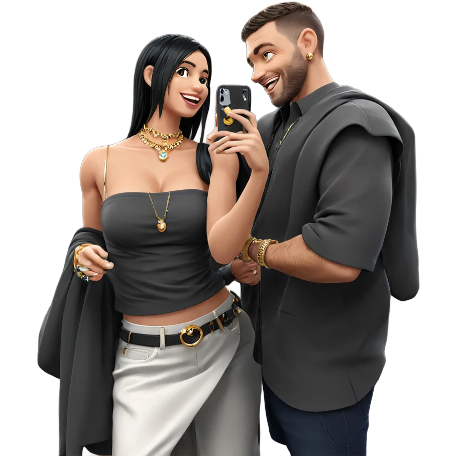 selfie of couple with jewelry emoji