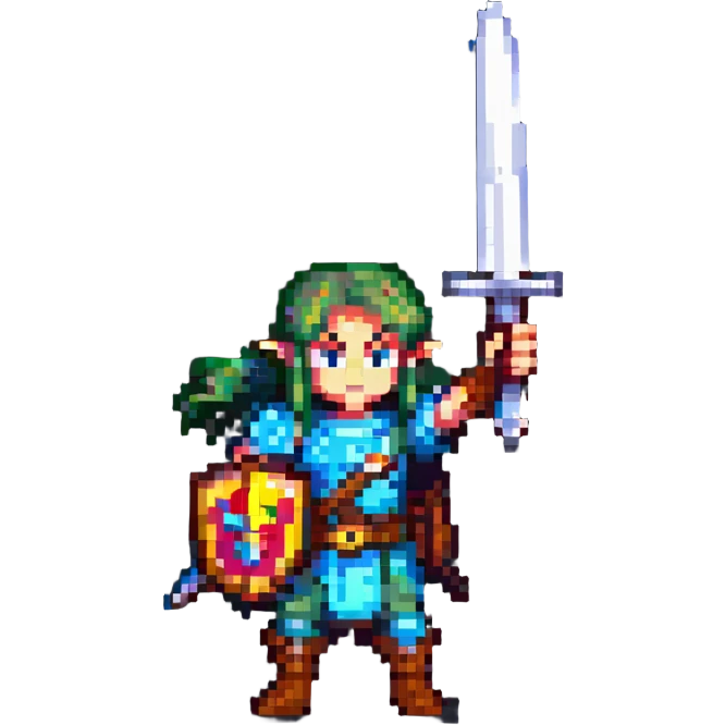 Link from The Legend of Zelda, pixel art style, holding a sword up, classic pose emoji