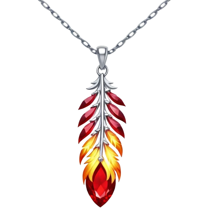 ruby pendant shaped like a phoenix feather, glowing with fiery energy, silver chain undulating magically emoji