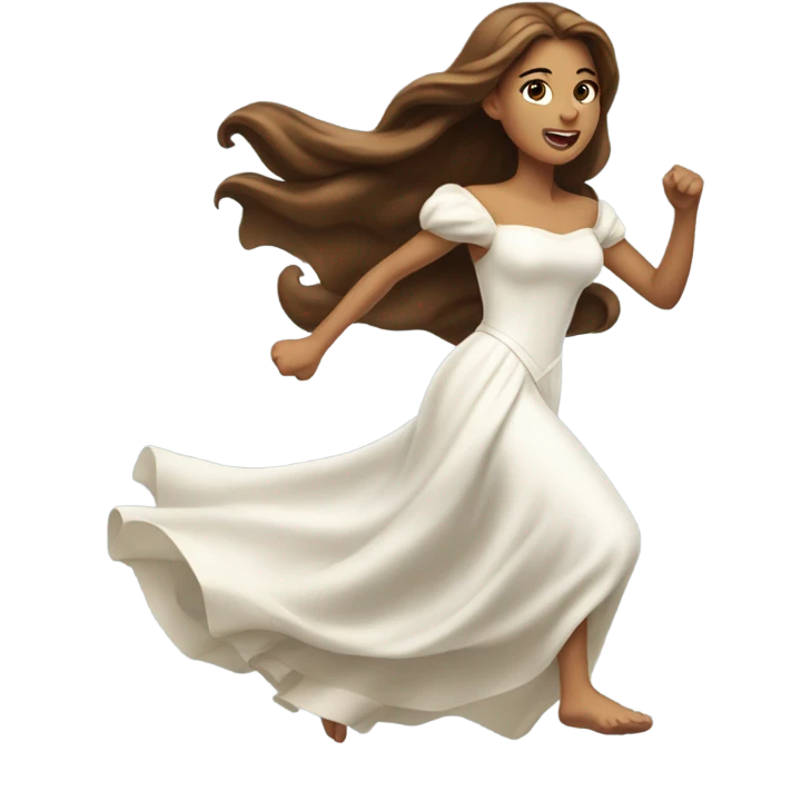 A princess with long brown hair in a white dress running  emoji