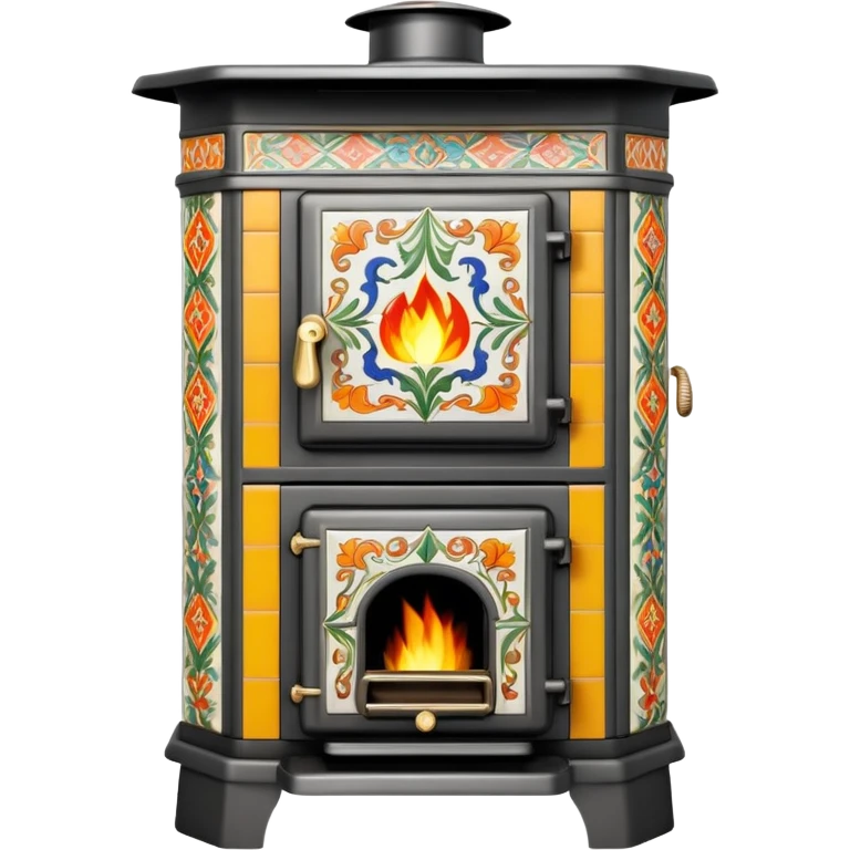 Ornamental European coal stove from the 1900s with ceramic tile decorations, tall design with metal door and coal burning inside emoji