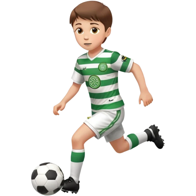 Celtic footballer jersey logo  6 years old brown hair white boy , brown eyes , stripes uniform , RUNNING  with soccer ball is number  17 celtic football logo  ONE CELTIC LOGO ONLY white shorts emoji