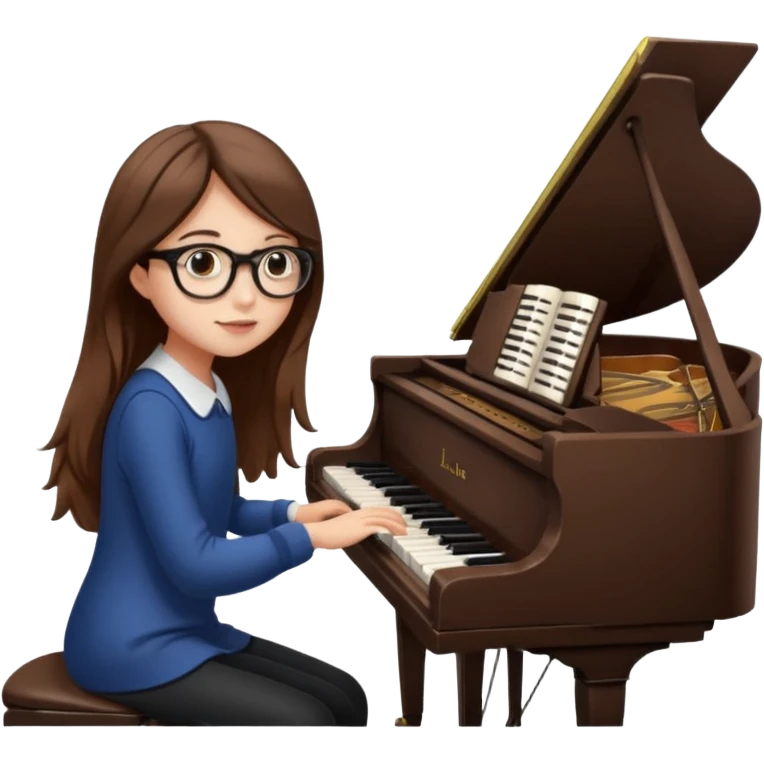 girl long brown hair. round glasses eye. playing piano emoji