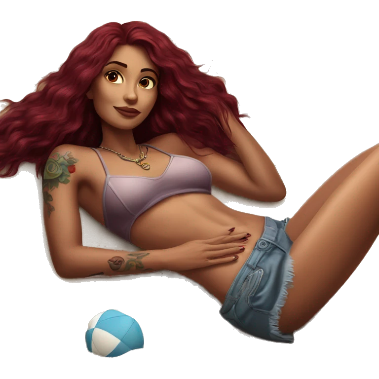 Beautiful tattooed burgundy long haired woman laying on the beach emoji
