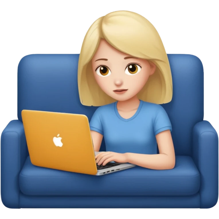 A girl is working with a laptop while lying on the sofa emoji
