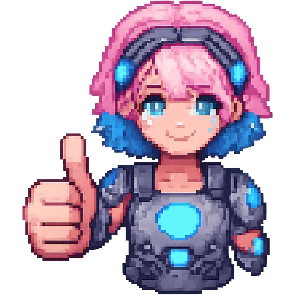 Make the thumb more prominent on the cyborg girl with pink hair giving a thumbs up in pixel art style with glowing blue eyes, no background. emoji