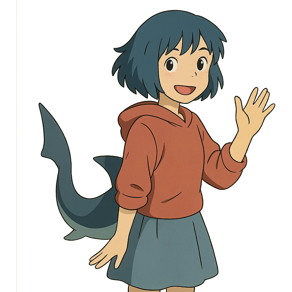 anime girl with short blue hair and shark tail, friendly emoji