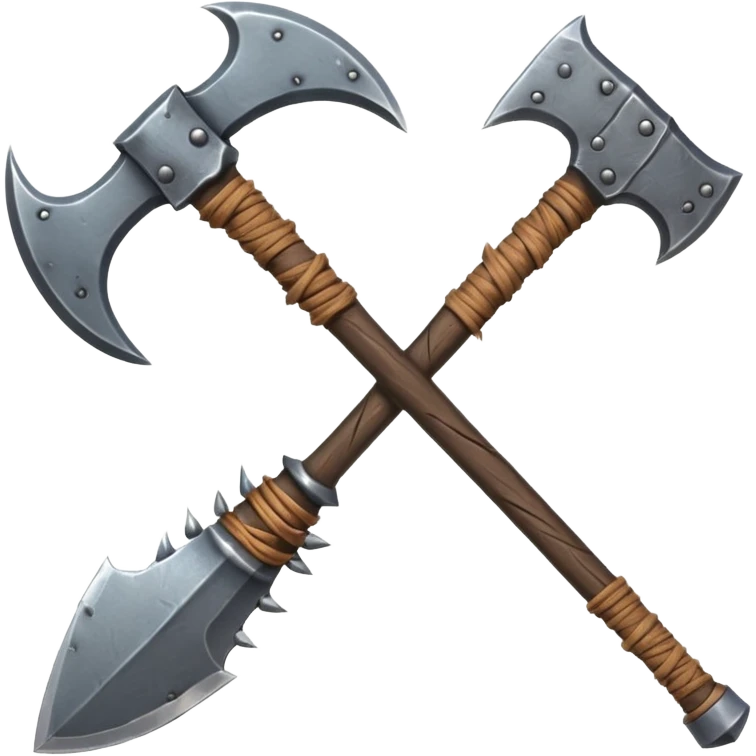 savage barbarian axe object icon, spiked double blade, battle-worn metal, scratches, heavy fantasy weapon, 3D cartoon, mobile game icon style, centered, clean background, no text, no watermark emoji