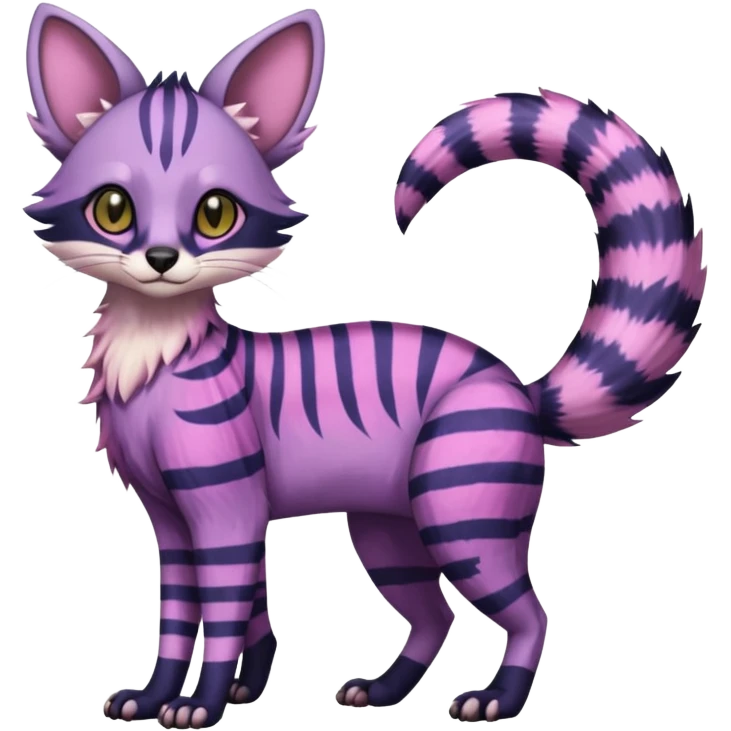 Indigo, purple, violet, pink, Civet-Genet-Possum-Serval-Caracal-Sergal-Trico-Numbat-Furret-fusion-Fakemon-hybrid-creature (full body) with long tufted ears and a striped tufted tail  emoji