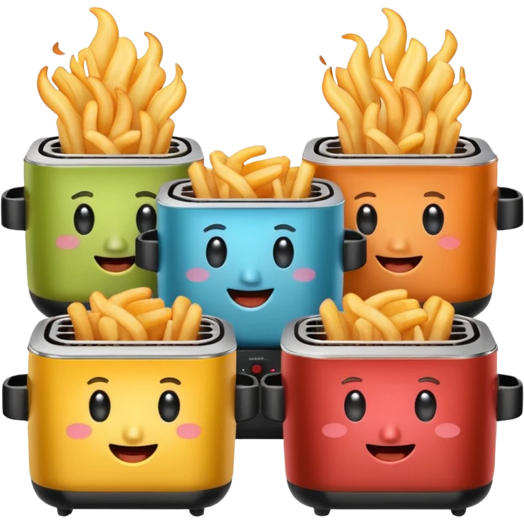 A whole set of air fryers with faces possing like different emojis emoji