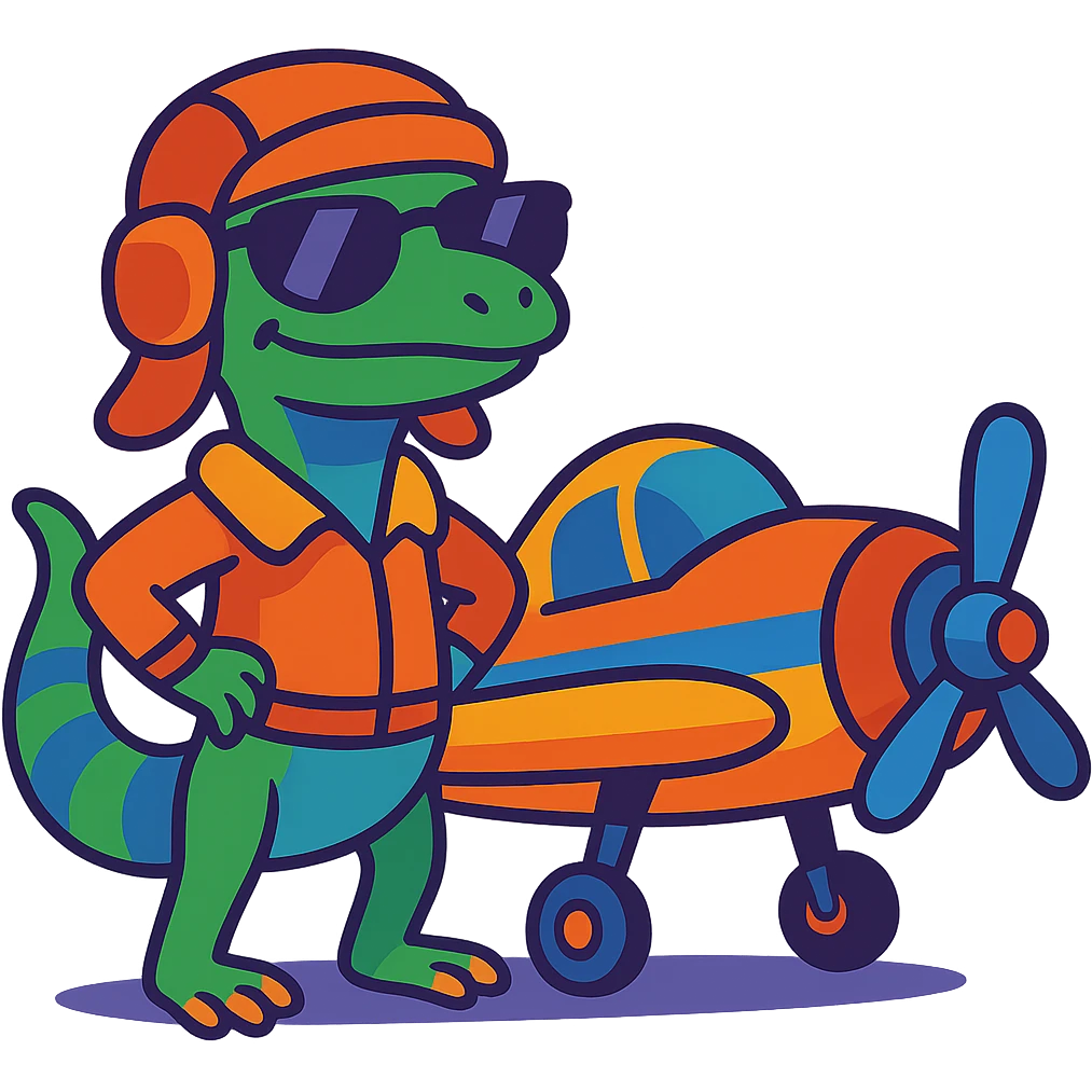 a lizard with a pilot hat and sunglasses, standing next to a small airplane, cartoon style emoji