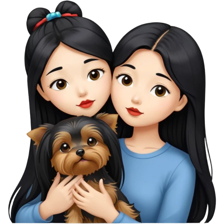A beautiful Asian girl with long black kissing her yorkshire terrier emoji