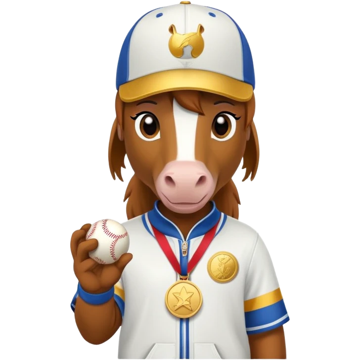 friendly anthropomorphised horse in a hip-hop outfit, wearing a gold medal and a baseball hat emoji