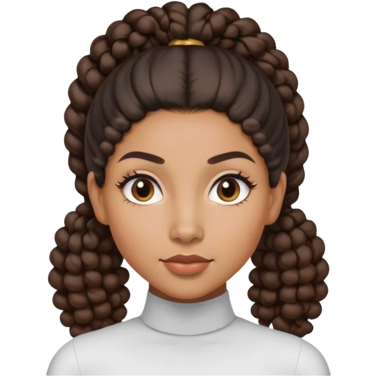 A mixed-race woman with a sleek, middle-parted, one ponytail, with her curls tucked behind. NO PIGTAILS emoji