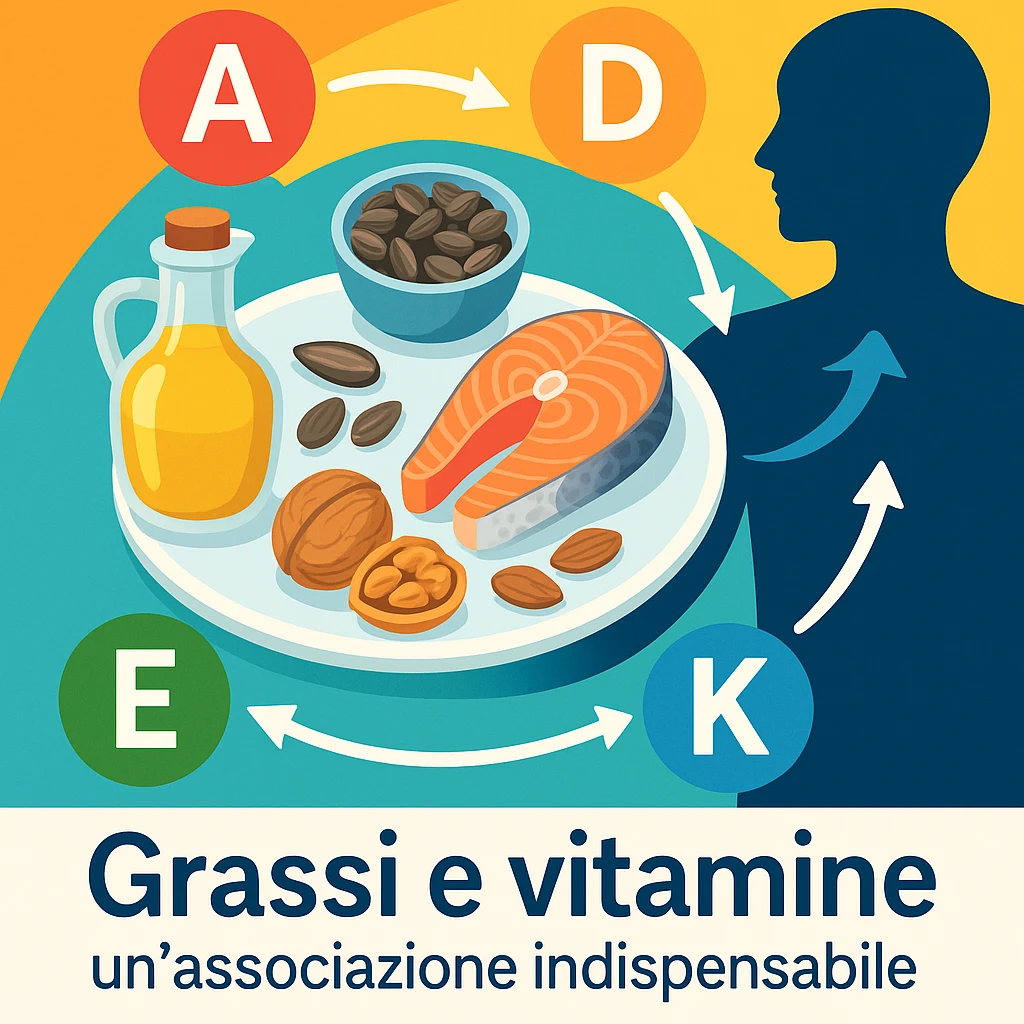 modern infographic with plate containing good fats oil, seeds, fish, nuts and icons of vitamins A, D, E, K being absorbed, arrows showing process, Italian caption 'Grassi e vitamine: un’associazione indispensabile', colorful background emoji