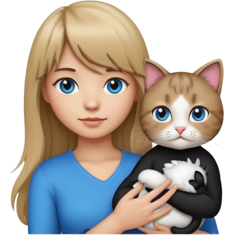 Apple-style emoji sticker of a young woman with long dark blond hair and bangs, blue eyes , holding a spotting black-and-white kitty on her chest.  emoji