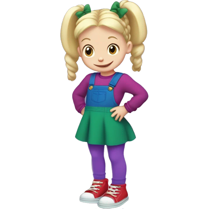 A little blonde girl with pigtails and little purple bows wearing a red long-sleeved shirt and purple overalls skirt with blue tights with green polka dots and purple sneakers, full body, rugrats emoji
