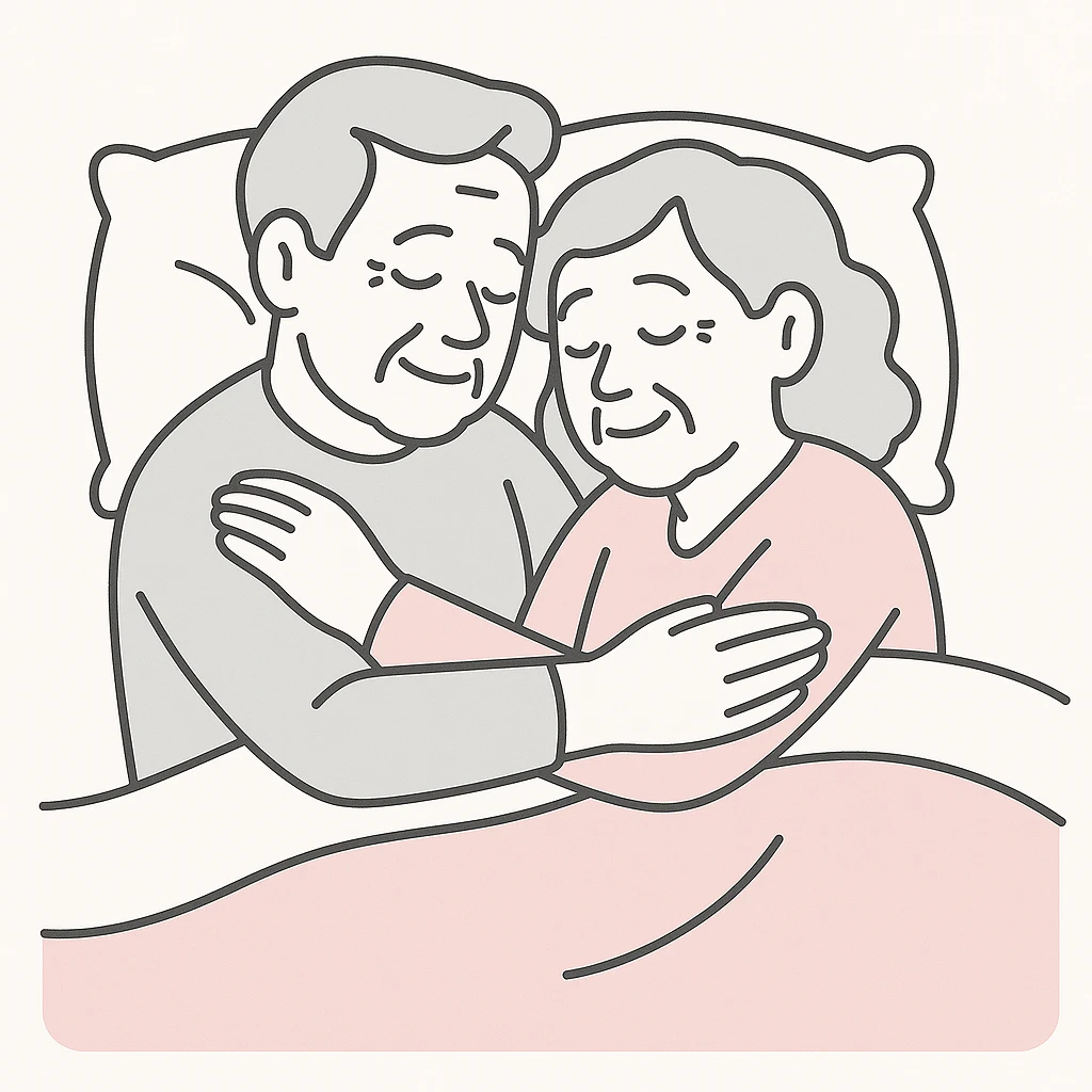 Make the couple look older with visible signs of age such as gray hair and gentle wrinkles, keeping the soft, peaceful, and cozy bed illustration style with warm and comforting colors. emoji