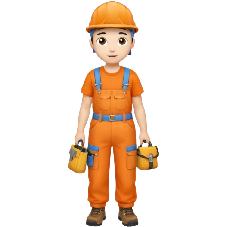 Repairs and Maintenance, Young, tools belt, wearing orange overalls, a cap and having tool belt, full body emoji