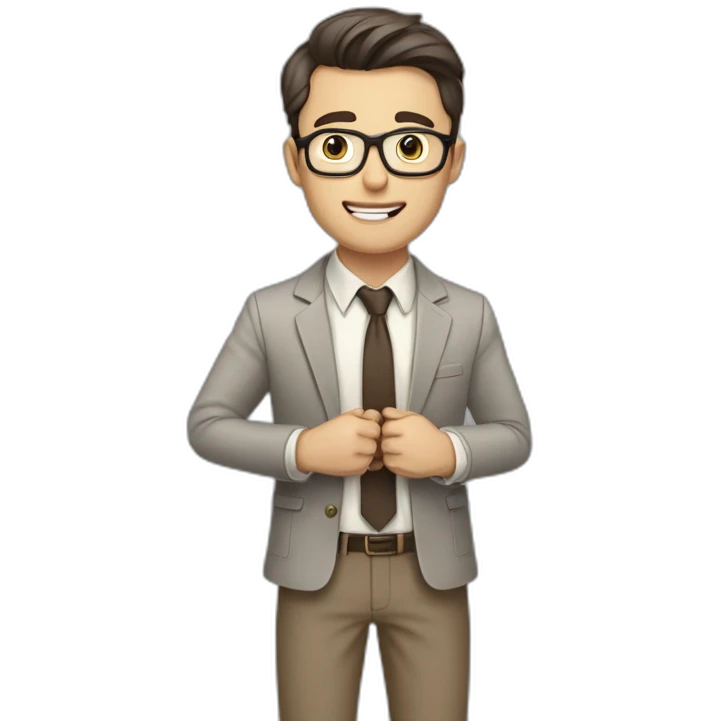 To belt Actively gesturing with hands Pale skinned fit man with dark brown hair in gray jacket, beige office shirt, brown tie, brown pants and vintage glasses. emoji