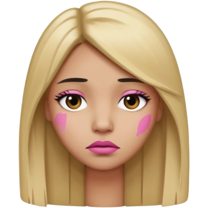 Mujer color de piel moreno claro, con cabello rubio largo, lacio y suelto, ojos negros, labios color rosita, triste  emoji