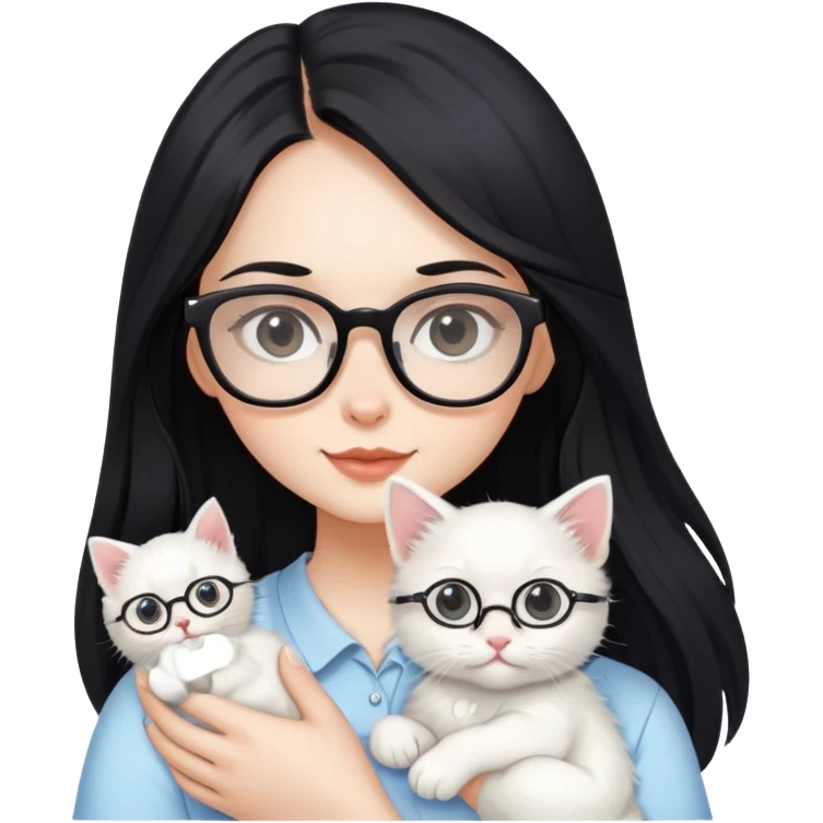 Beautiful girl with long black hair and glasses holding a white kitten emoji