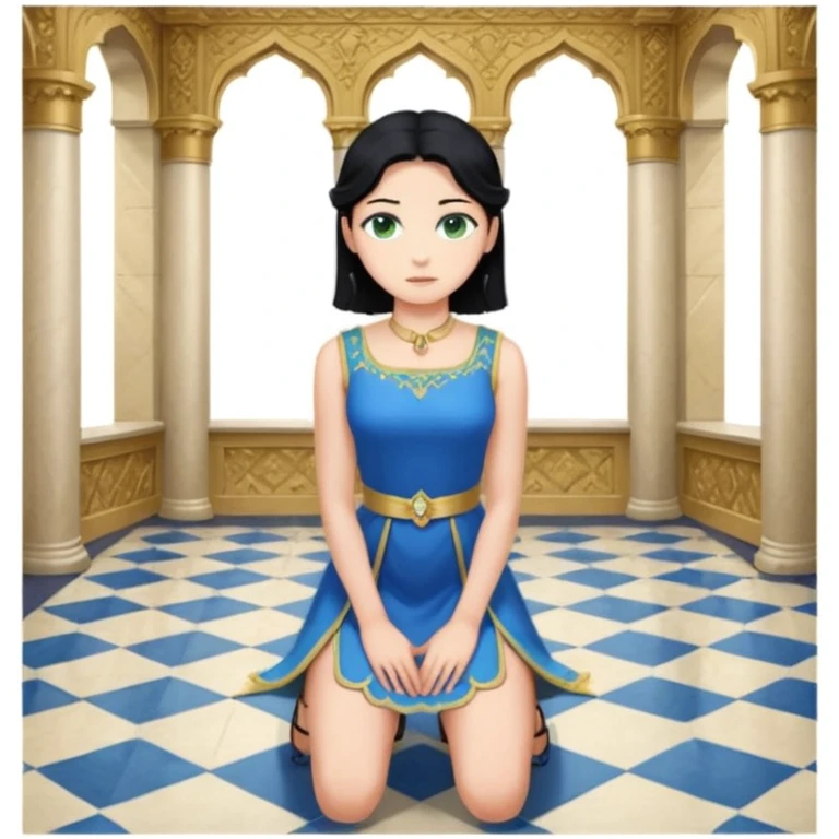 King, standing, black Hair, blue eyes, female Servoamt, blonde, green eyes, shott white sleveless Dress, kneeling, background palace emoji