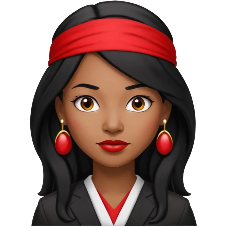 30-year-old Black woman lawyer, long black hair, red headband, strong and sharp look, small round earrings emoji