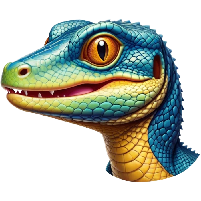 Cinematic Realistic Comical Monitor Lizard Portrait Emoji, Head tilted dramatically with an exaggeratedly amused expression, featuring a striking, glossy scaled hide with bold, angular textures and wide, expressive eyes full of playful disbelief, rendered with lifelike precision and natural vibrant hues, high shine, dramatic yet playful, styled with an air of cheeky wilderness mischief, soft glowing outline, capturing the essence of a spirited and over‐the‐top monitor lizard that looks ready to scurry its way into viral fame! emoji