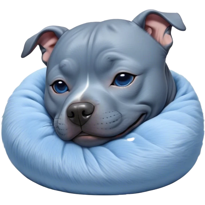 Meme-Worthy Cute Sleeping Blue Staffordshire Bull Terrier Portrait Emoji, Head resting peacefully with a contented smile, showcasing a delightfully compact build and a luxuriously soft blue Fur, eyes shut in a serene nap, Simplified yet hilariously adorable features, highly detailed, glowing with a soft, drowsy light, high shine, relaxed and utterly lovable, stylized with an air of playful laziness, bright and heartwarming, soft glowing outline, capturing the essence of a comically sleepy guardian, so meme-worthy it feels like it could instantly become the next viral sensation of adorable slumber! emoji