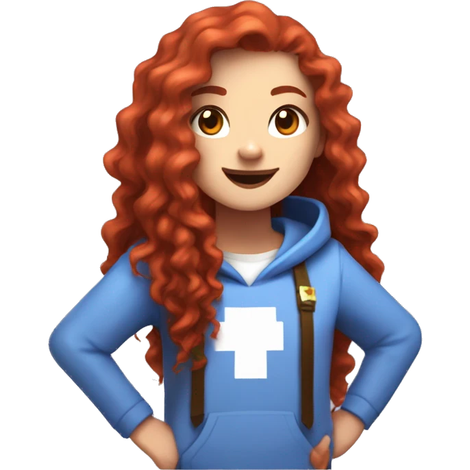 a white girl with long red curly hair and freckles, wearing periwinkle Minecraft hoodie playing a videogame smiling emoji
