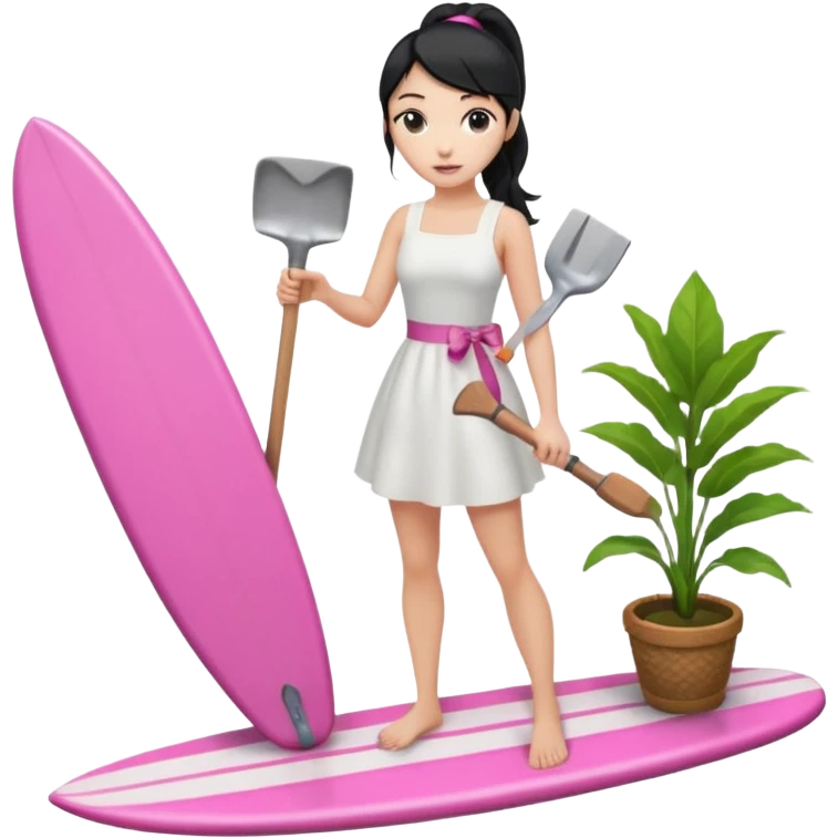 Princess who wearing white dress (woman) black ponytail hair holding her cellphone and  one garden shovel with another hand. She is standing on her feet, there is one pink surfing board. emoji