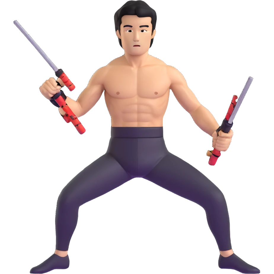 Bruce Lee with nunchaku, martial arts pose, shirtless with toned muscles emoji