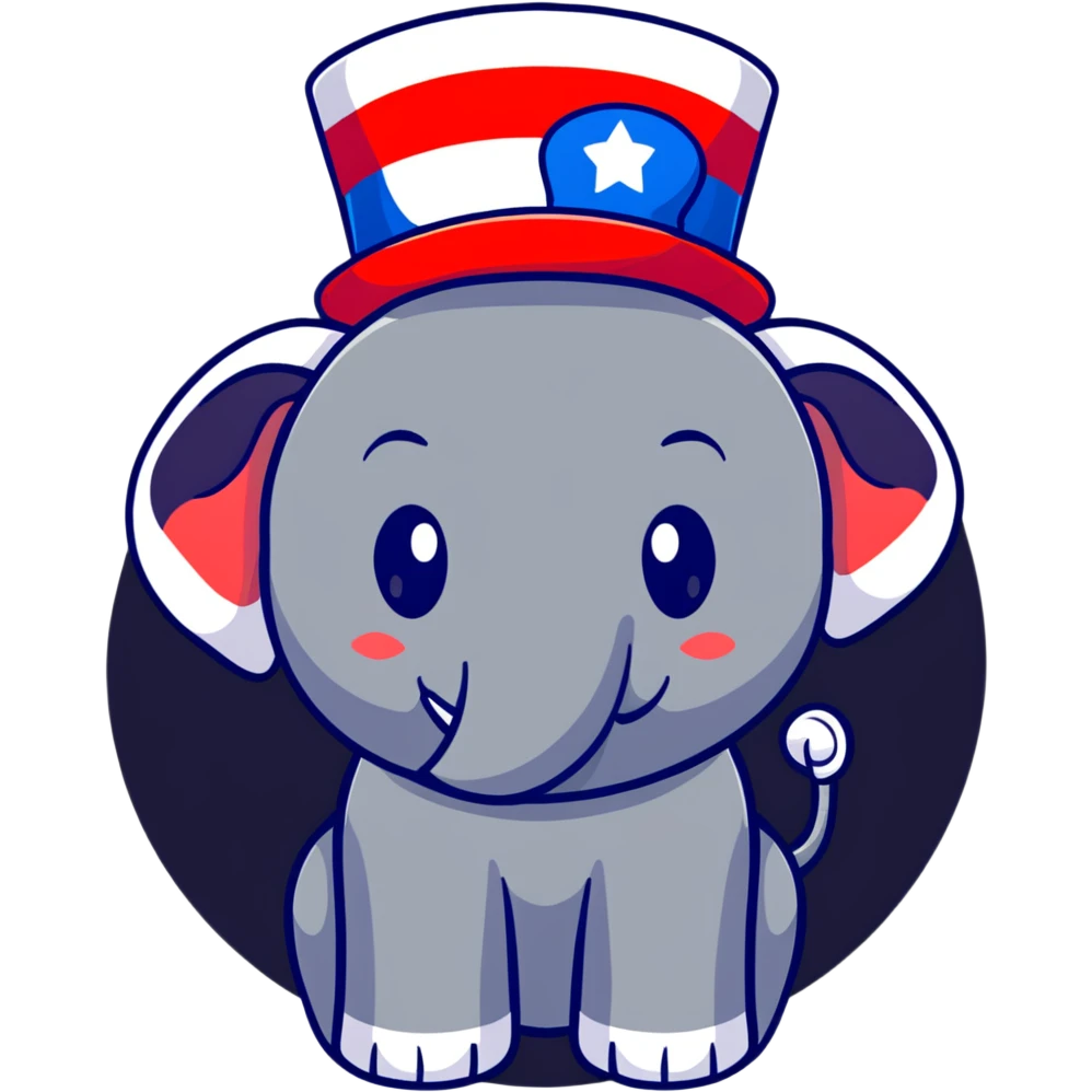 cute red elephant, simple flat design, round shape, patriotic top hat, cartoon sticker style emoji