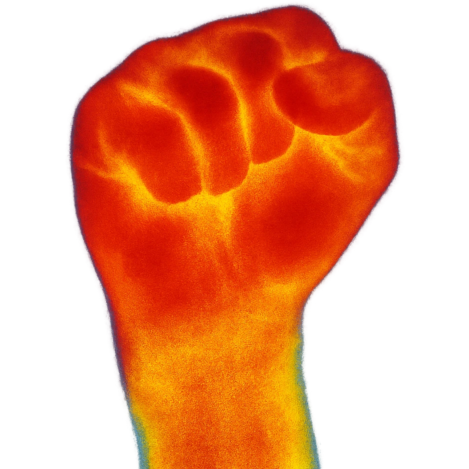 a clenched fist radiating heat, thermal camera style, glowing red and yellow emoji